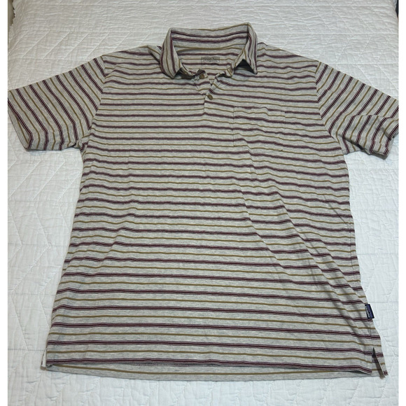 Patagonia Polo Shirt Mens Large Short Sleeve Striped Organic Cotton Pocket tan - Picture 1 of 7